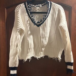 Z Supply Distressed V-Neck Sweater - White and Blue